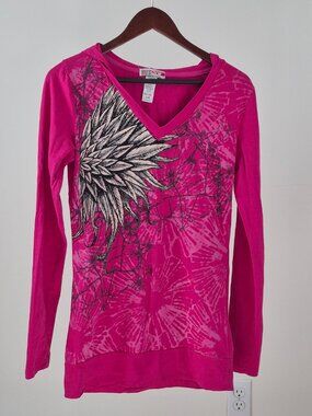 Bus Stop Hooded Top Womens M Y2K Rhinestone Angel Wings Graphic Long Sleeve